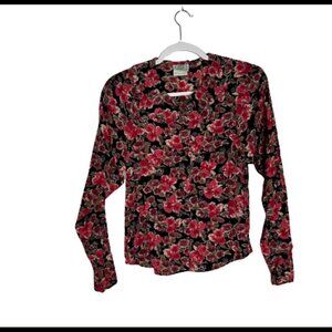 Vintage Laura Ashley Black Pink Floral Long Sleeve Blouse
